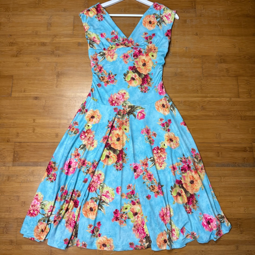 Vintage Ruby Women's Floral Print Fit and Flare V-Neck Dress Sleeveless Size L‎